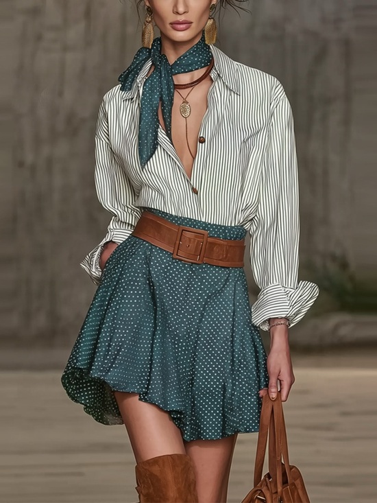 Jade Dresses & Skirts - Button Up Shirt and Polka Dot Skirt Set